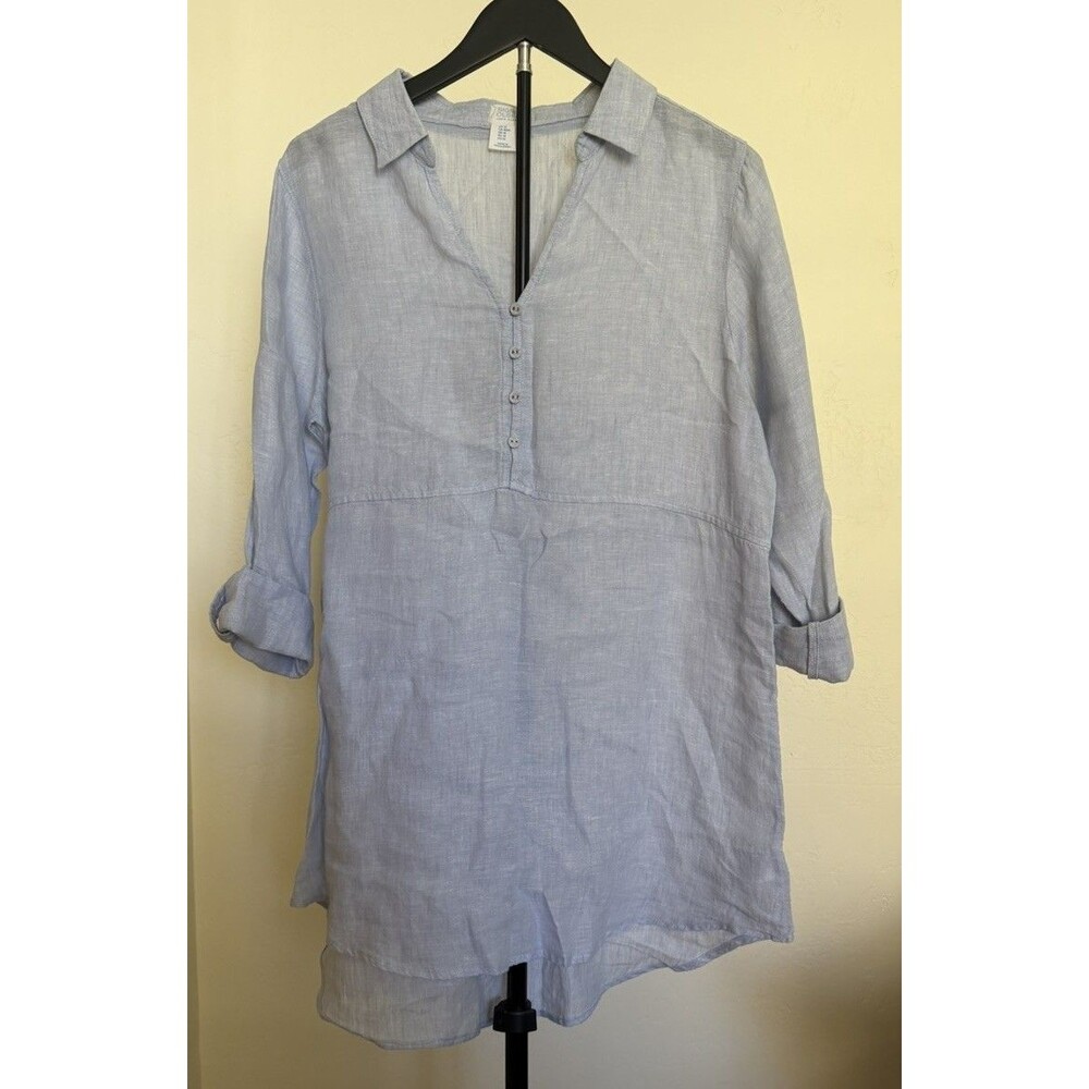 Sigrid Olsen Women’s Tunic Top Blue Linen Button Front M Coastal Lagenlook